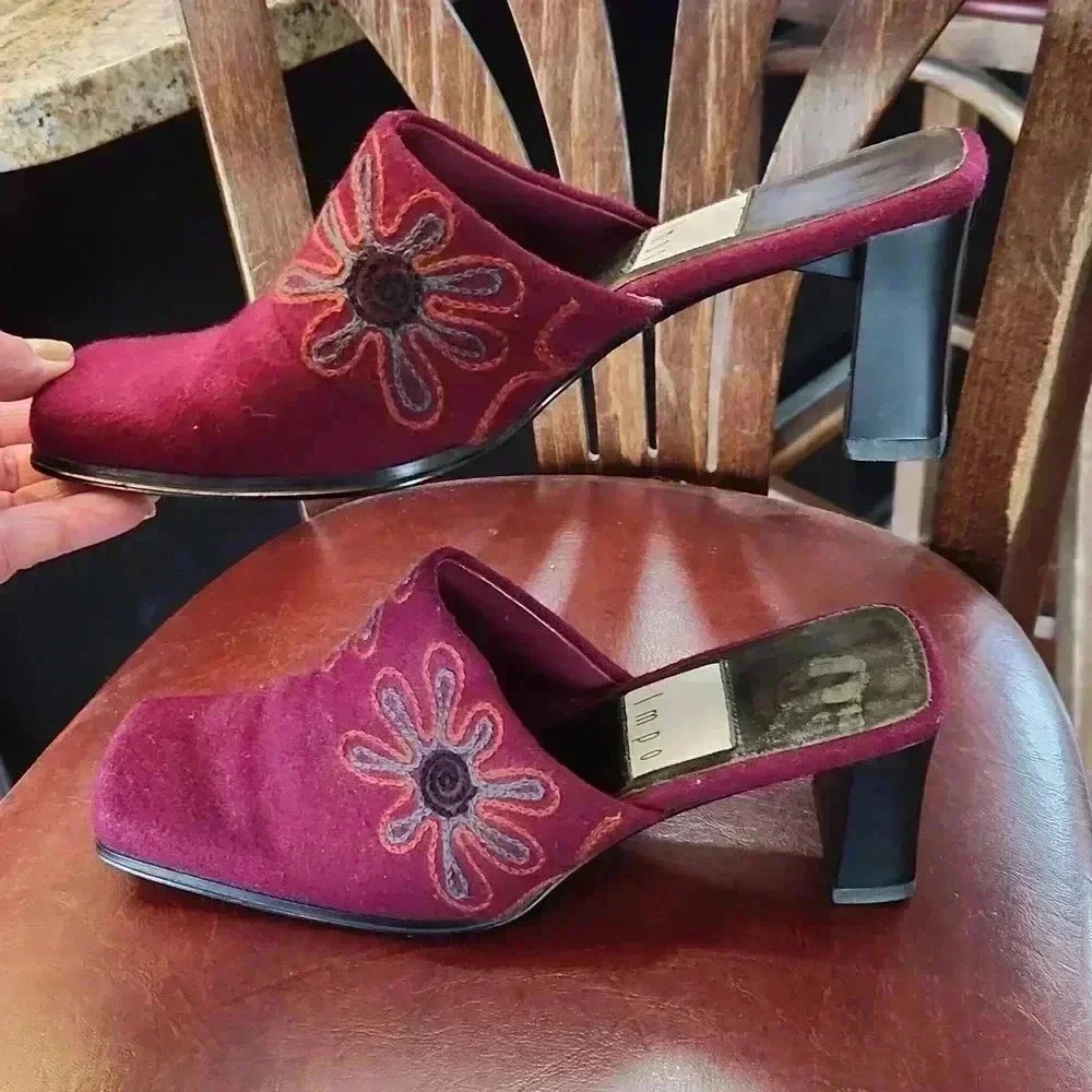 IMPO Embroidered Floral Wool Slides‎ Heels BOHO sz 6.5